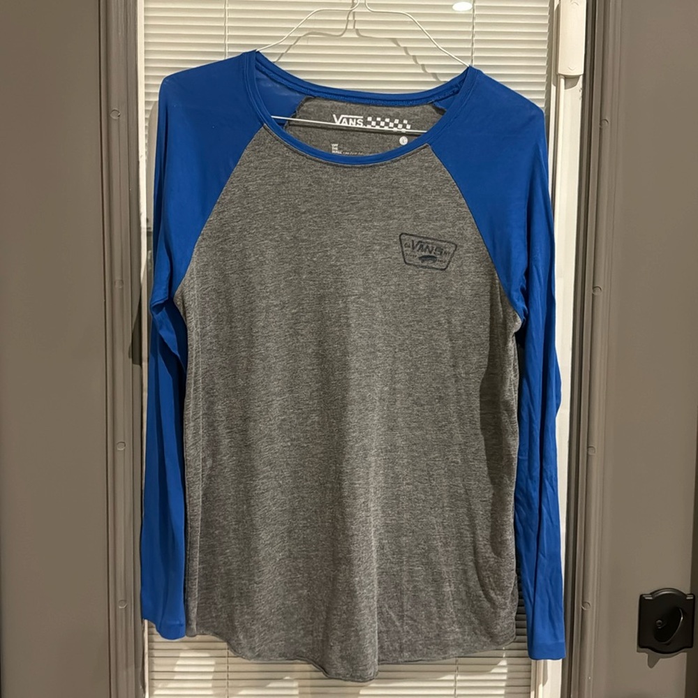 Vans shirt size Large long sleeve in blue and gray with black logo. Pre owned